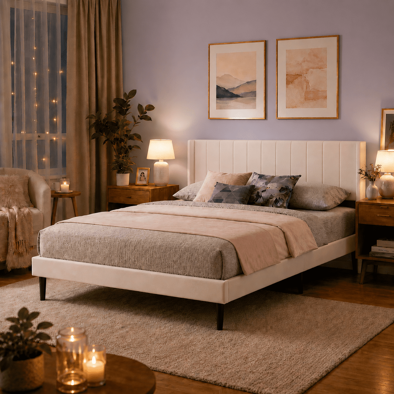 BSHTI King Bed Frame with Velvet Upholstered Headboard, King Size Fabric Upholstered Platform Bed Frame, Modern Bedroom Furniture with Wood Support, No Box Spring Needed, Beige