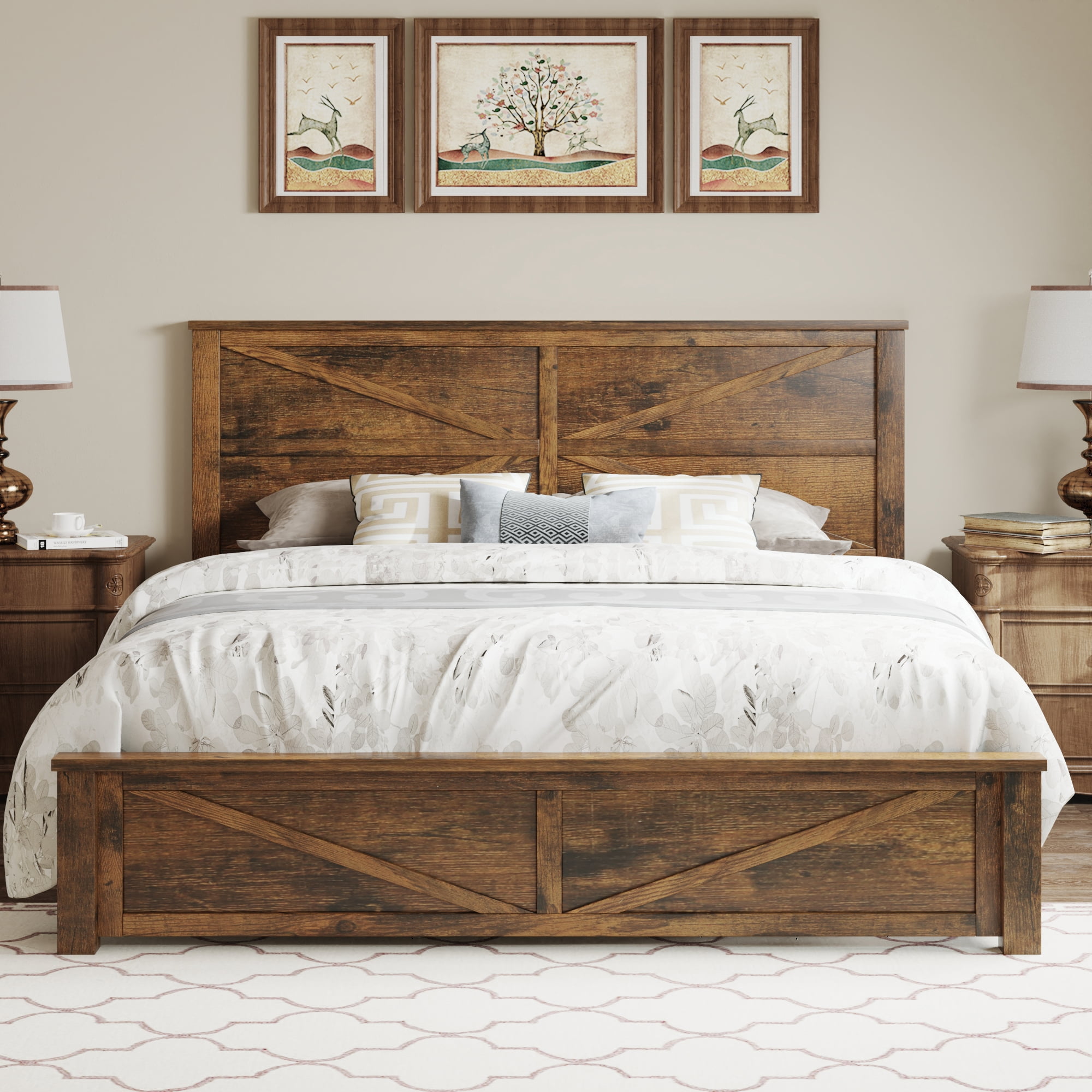 BSHTI King Bed Frame with Wooden Headboard, Country and Farmhouse Style, Brown