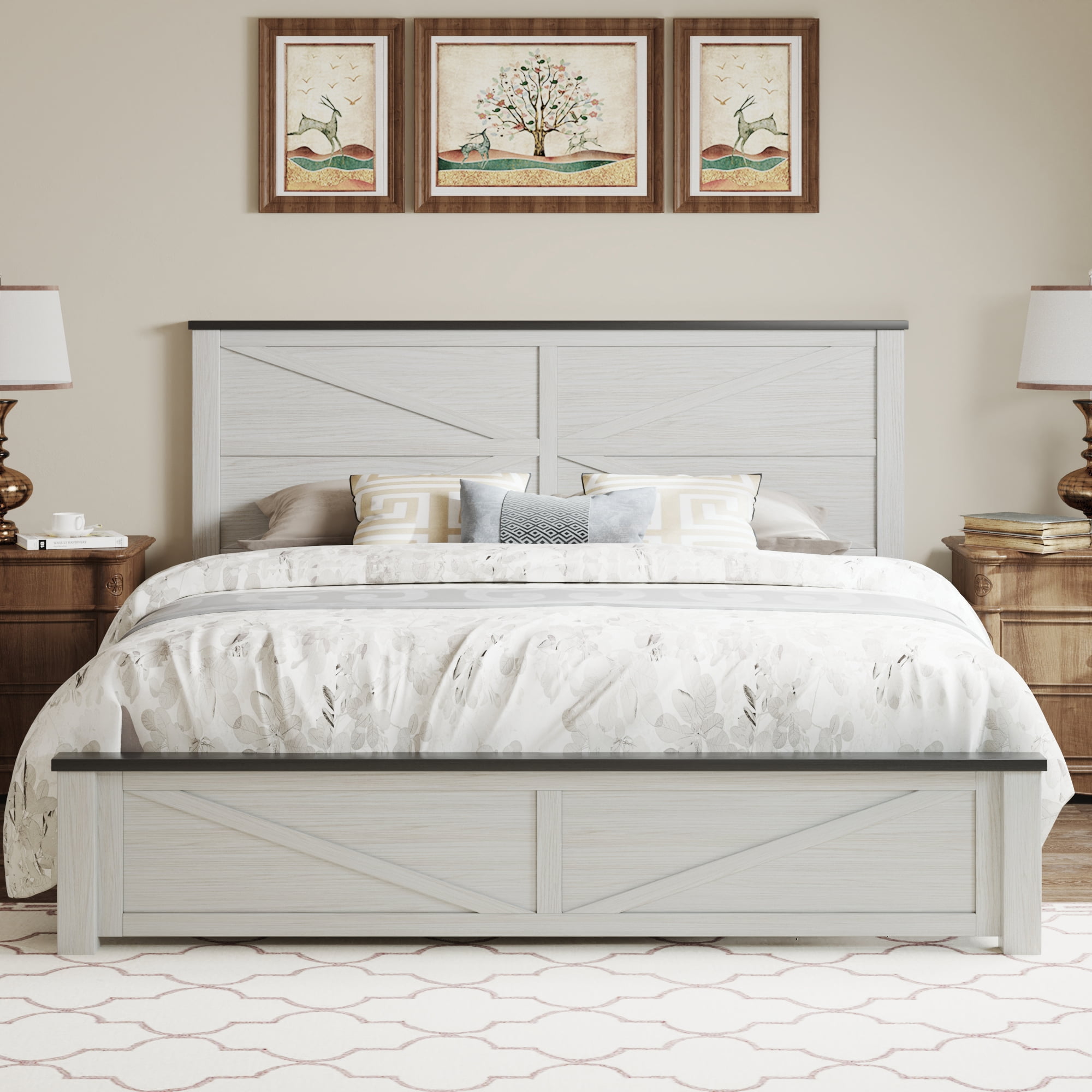 Simple Style Frame BSHTI King Bed Frame with White Wooden Headboard, Farmhouse Style ...
