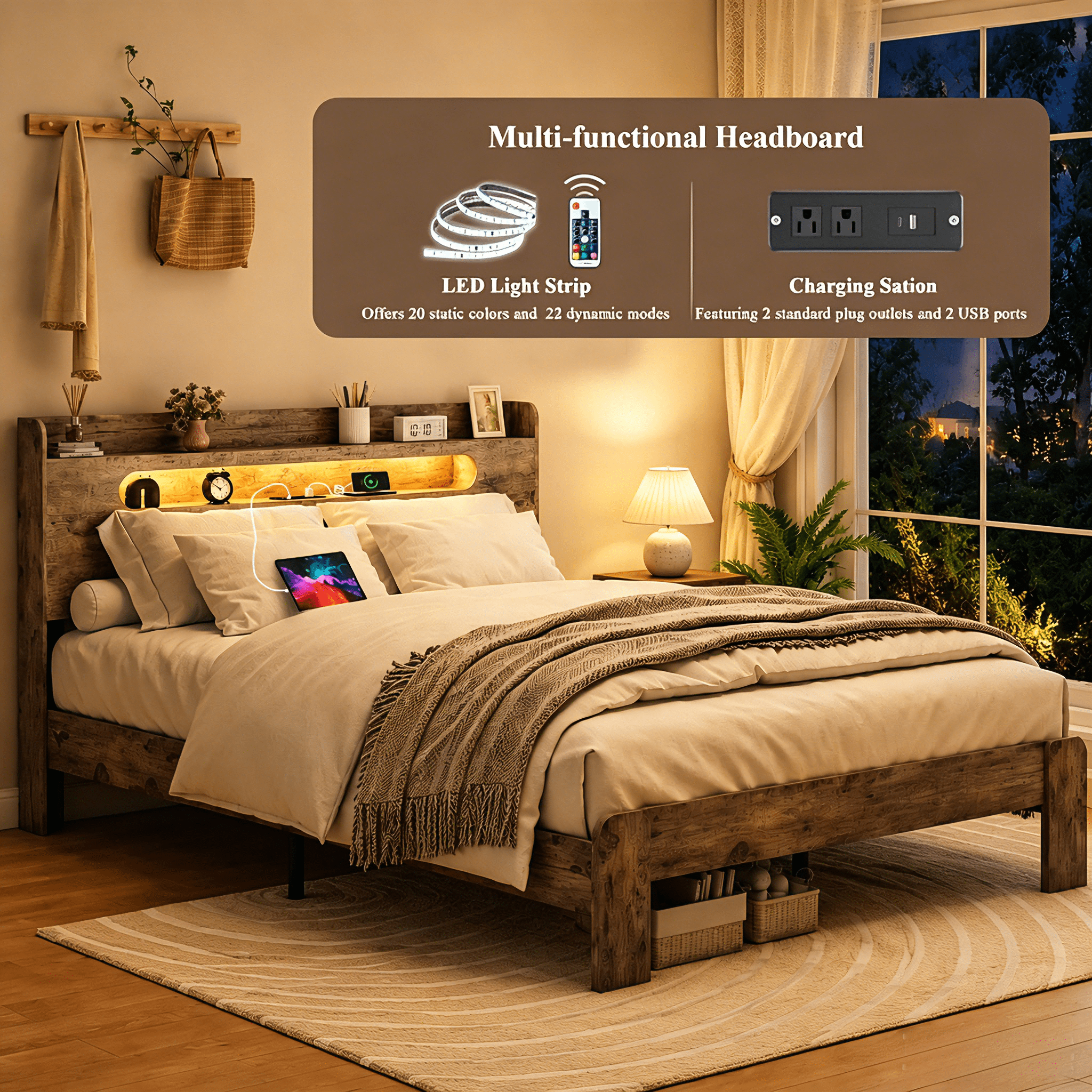BSHTI King Size Bed Frame with 2-Tier Storage Headboard, Vintage Brown Bedroom Bed Frame with Built-in Charging Station & LED, No Box Spring Needed, Noise-Free with 2 USB Ports and Outlets