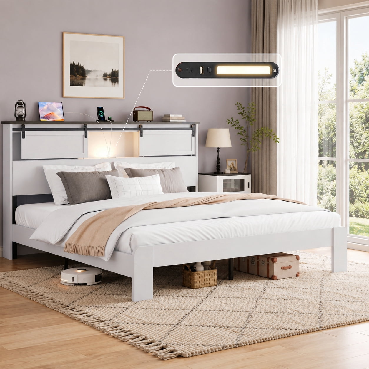 BSHTI King Size Bed Frame with 2-Tier Storage Headboard, Wood & Metal Platform Bed Frame with Built-in Charging Station and LED Light, White Farmhouse Bed Frame, No Box Spring Needed
