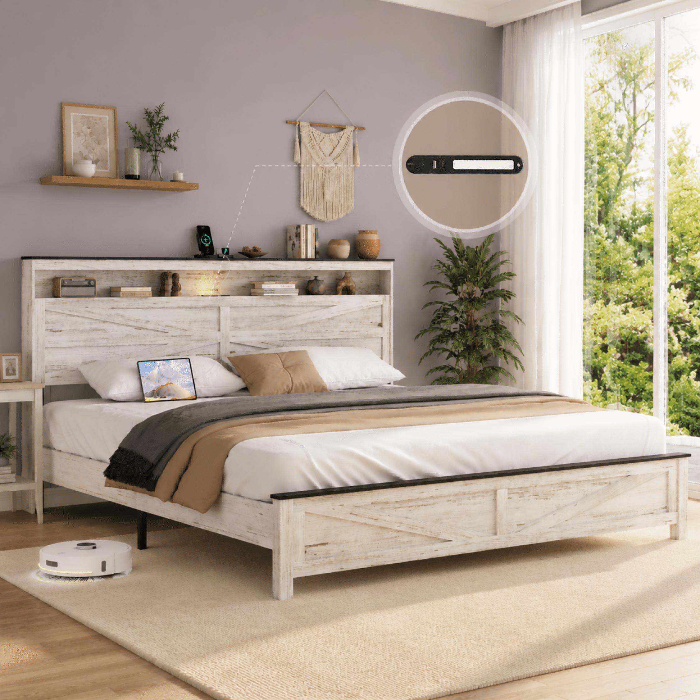 BSHTI King Wood Platform Bed Frame with Storage Headboard, Hidden Storage Box, LED & USB Charging, No Box Spring Needed for Bedroom（Antique White+Gray）