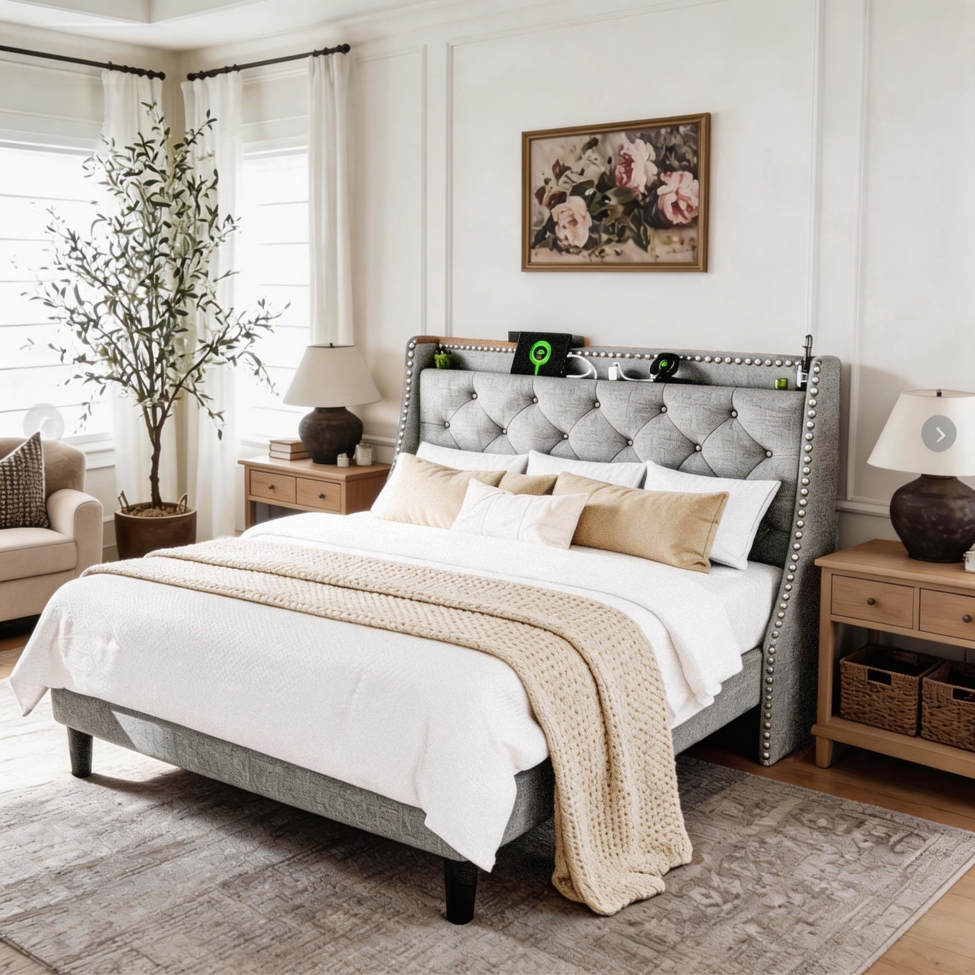 BSHTI King Size Platform Bed Frame with 16" Wingback Tufted Headboard, Built-in Charging Station (2 AC Outlets & 2 USB Ports), 12 Wood Slats, Gray