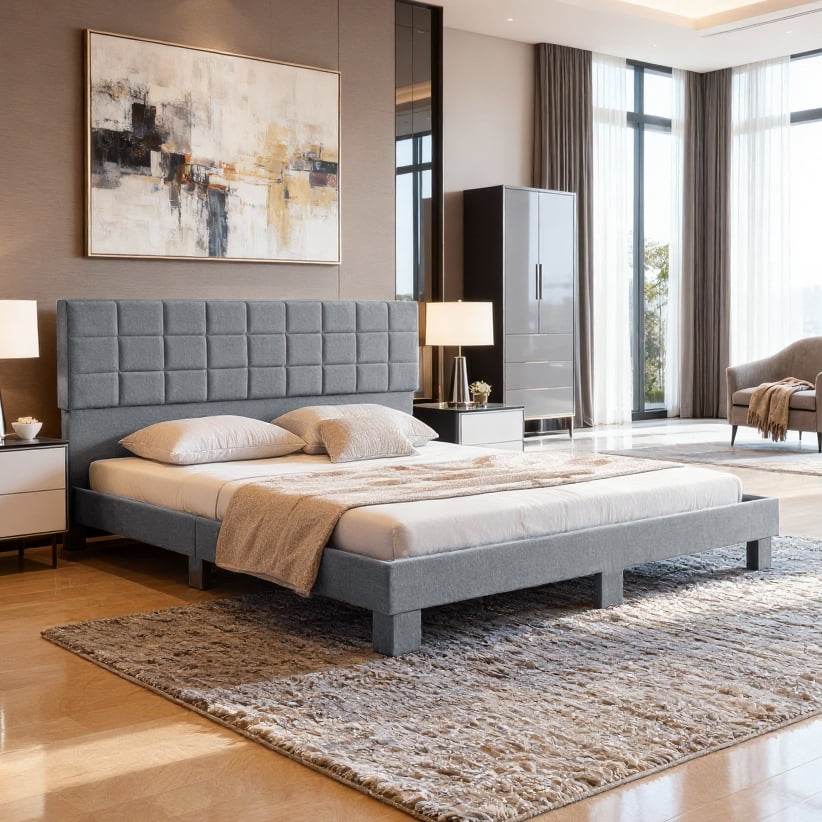 BSHTI KING Size Upholstered Platform Bed Frame – No Box Spring Needed, Square Tufted Headboard, Solid Wood Frame, Center Support Leg, Under-Bed Storage, Easy Assembly, Light Grey