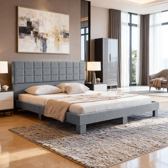 BSHTI King Size Platform Bed Frame with Upholstered Headboard, 14 Wood Slats & Center Support, Under-Bed Storage Space, Easy Assembly for Bedroom, Light Grey