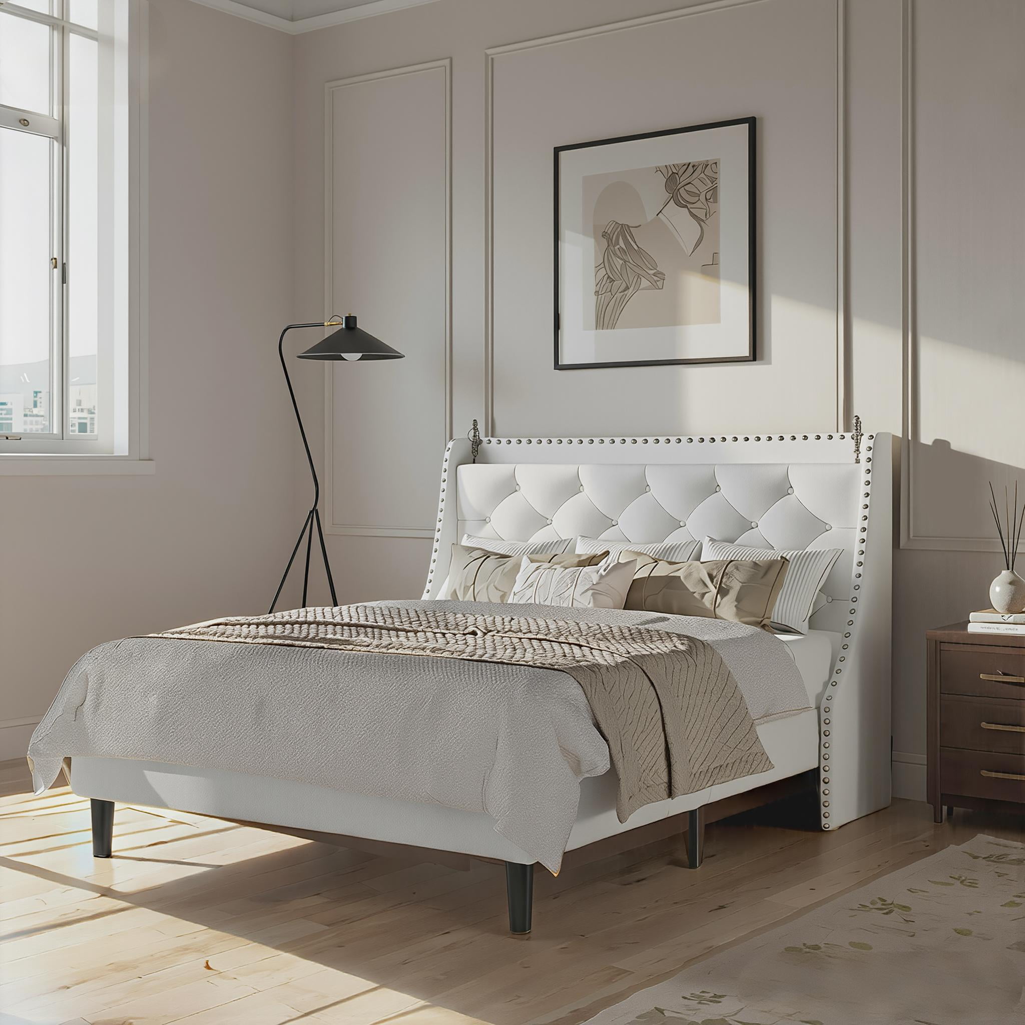 BSHTI King Size Platform Bed Frame with 16" Wingback Tufted Headboard, Charging Station (2 AC & 2 USB), 12 Wood Slats, White