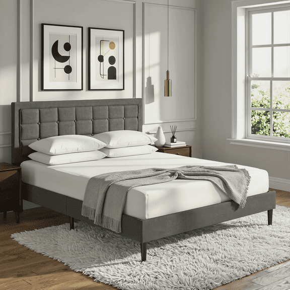BSHTI King Size Platform Bed Frame with Adjustable Tufted Headboard, Solid Wood Frame, 12 Wood Slats, No Box Spring NeededGrey