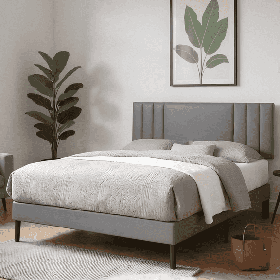 BSHTI King-Size Platform Bed Frame with PU Upholstered Headboard, Wood Slats Support and Center Support Leg,Gray
