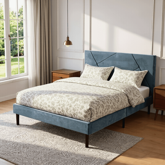 BSHTI King Size Platform Bed Frame with Upholstered Headboard, Solid Wood Frame, 12 Wood Slats, No Box Spring Needed,Blue