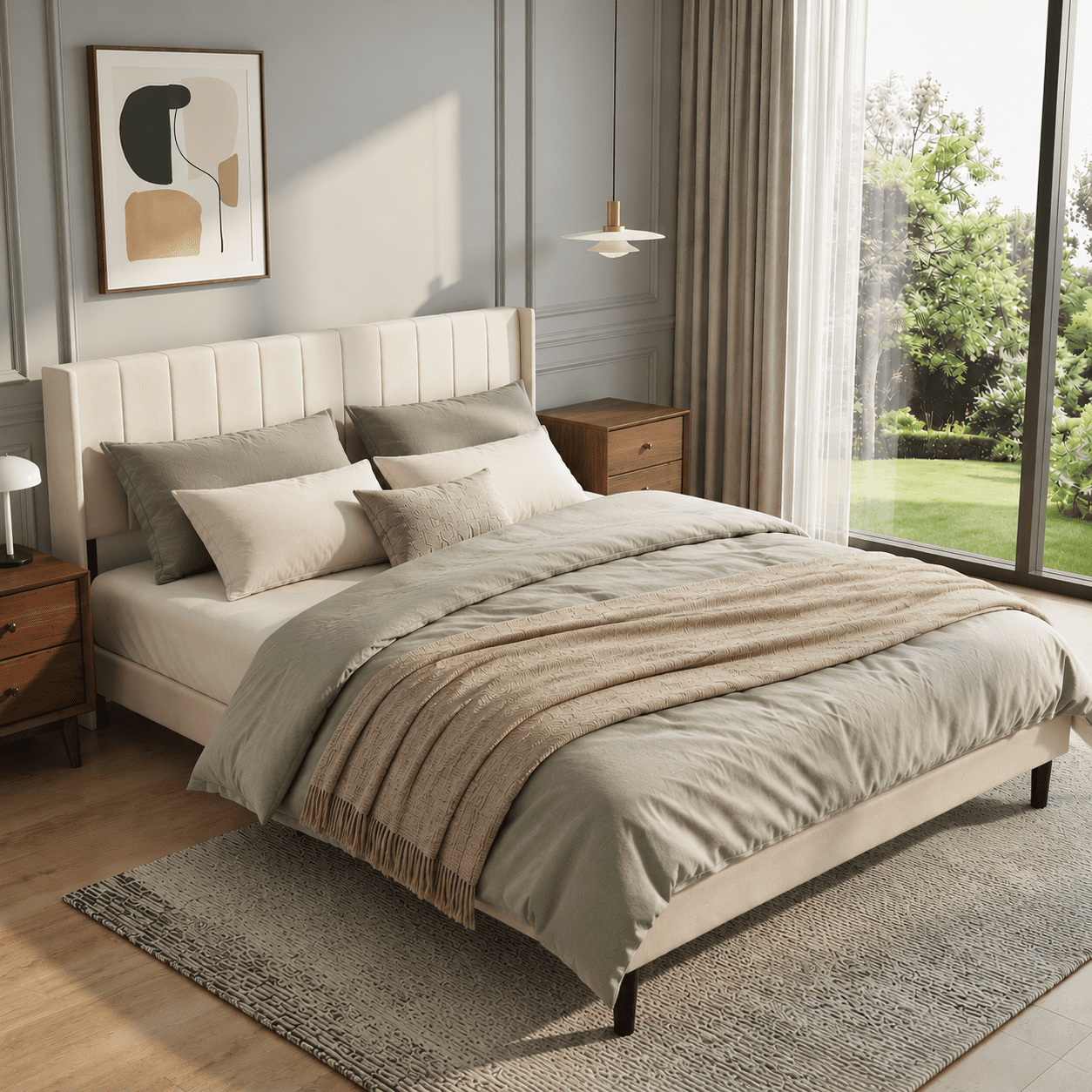 BSHTI King Size Platform Bed Frame with Velvet Upholstered Headboard, Modern Bedroom Furniture with Wood Support, No Box Spring Needed, Easy Assembly, Beige