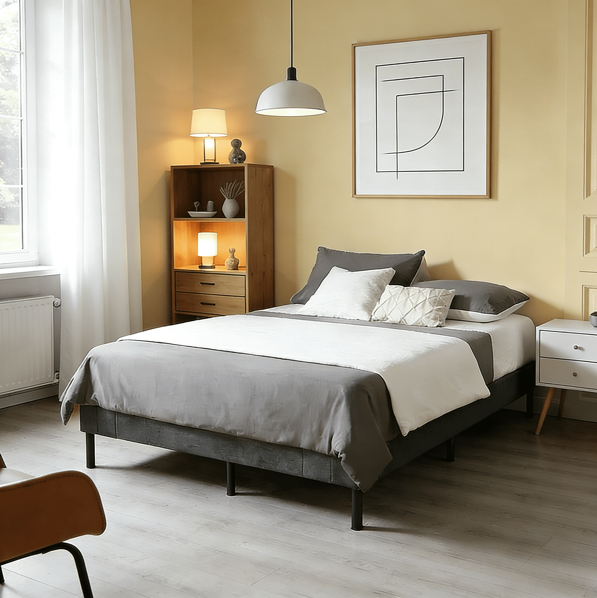 BSHTI Twin Size Platform Bed Frame with Wooden Slat Support, and a Center Support Leg, Linen Upholstery Material, Effortless Assembly,No Box Spring Needed, Gray