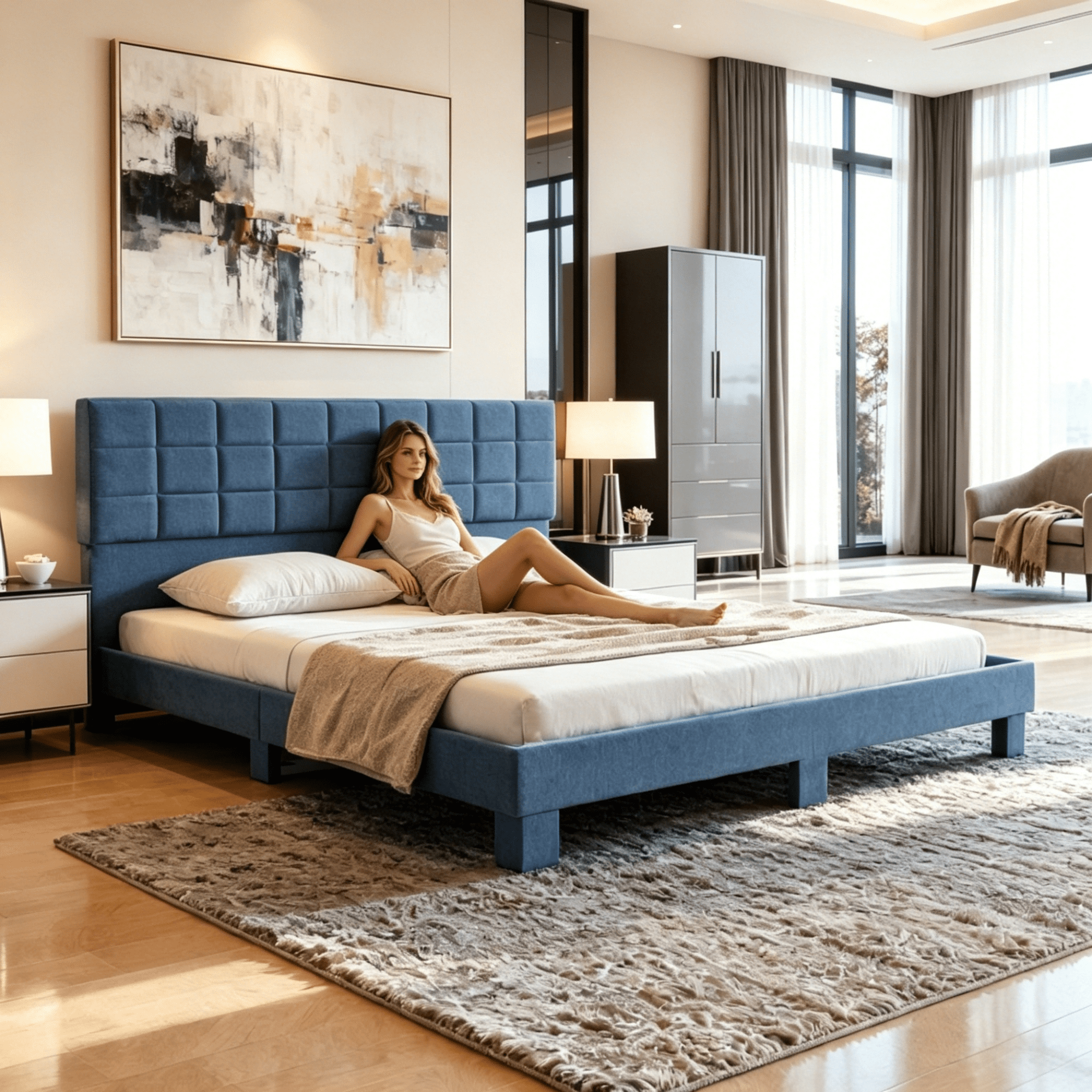 BSHTI King Size Modern Upholstered Platform Bed Frame with Linen Fabric Headboard, No Box Spring Needed,for Bedroom/Apartment(Blue)