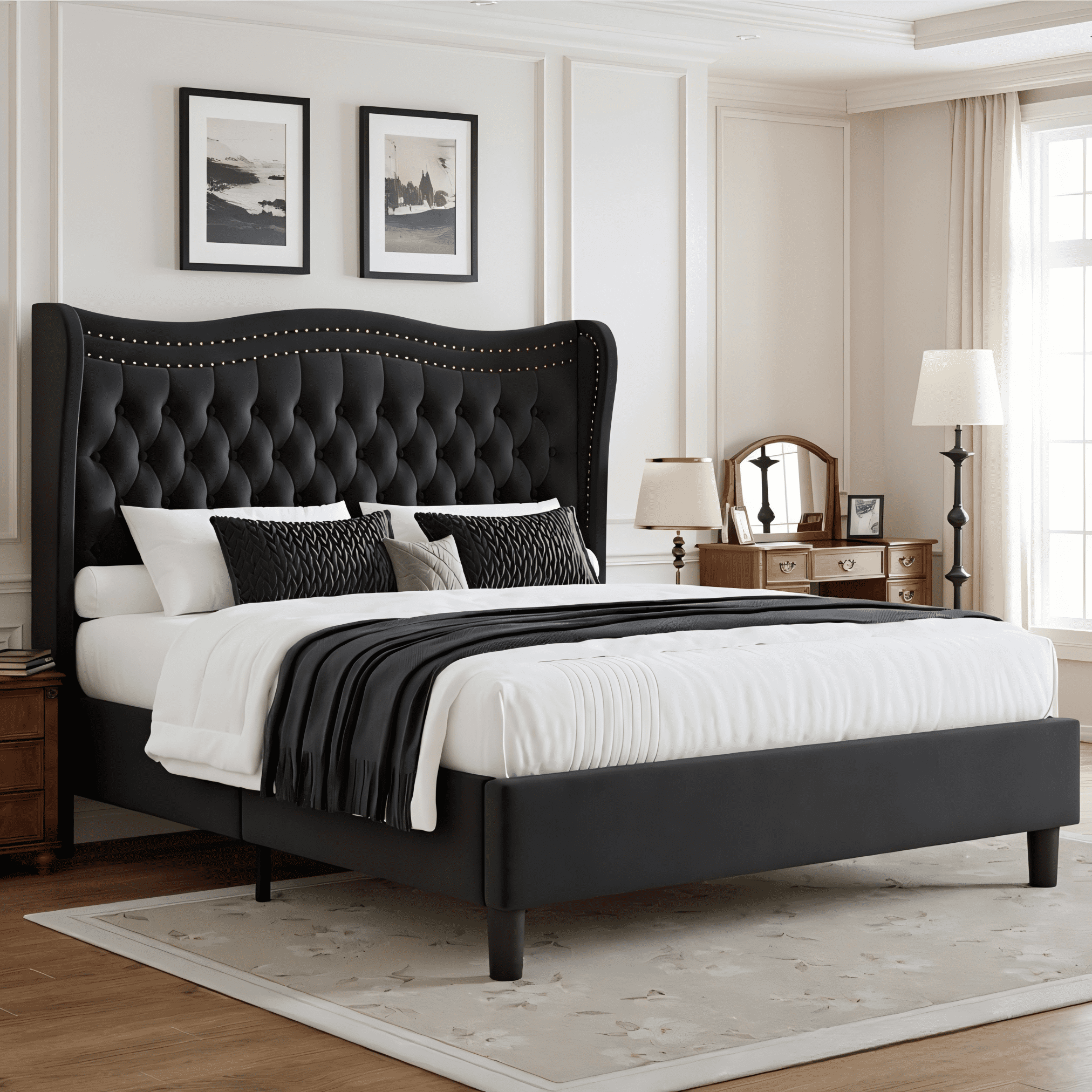 BSHTI King Size Upholstered Bed Frame with Wingback Headboard – Velvet Diamond Tufting & Double Nail Trim, No Box Spring Needed, Black