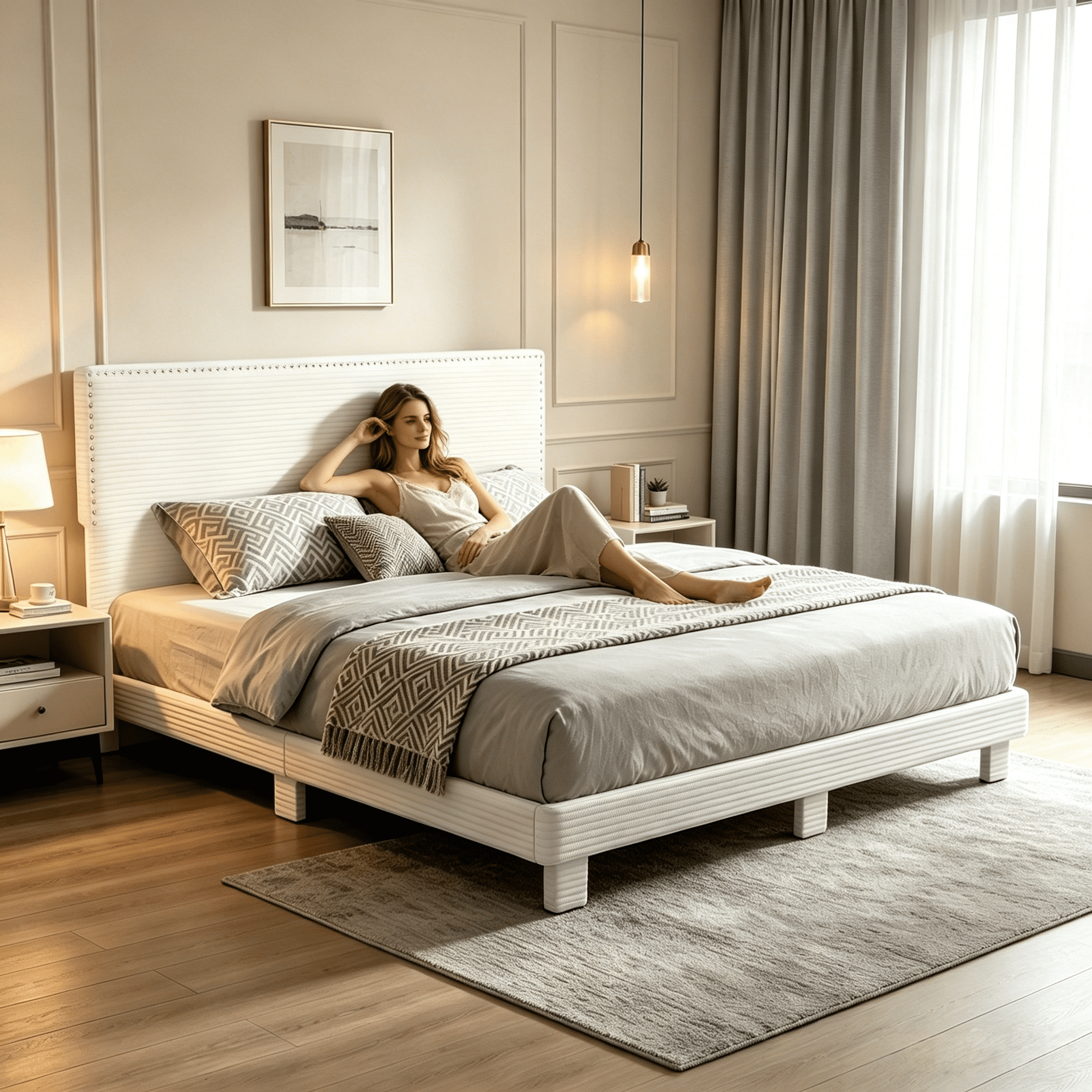 BSHTI KING Size Corduroy Upholstered Platform Bed Frame with Headboard, Nailhead Trim, Wood Slats Support, No Box Spring Needed, Modern Bedroom Bed Frame, Bedroom Furniture, Apartment Use (Beige)