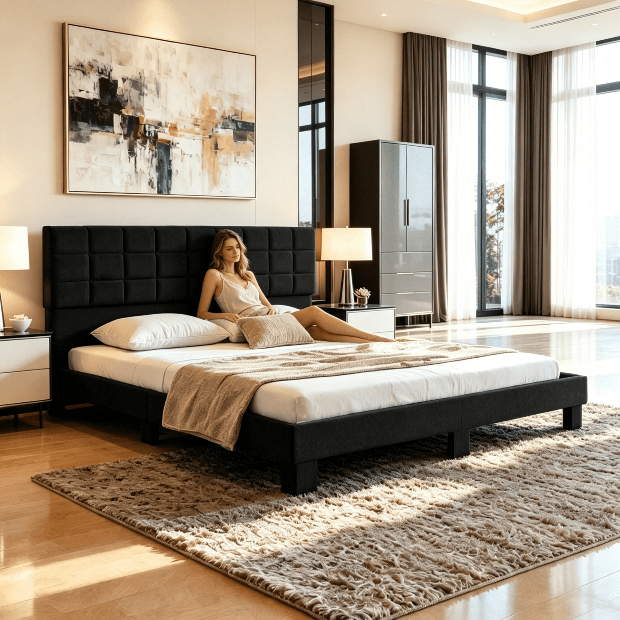 BSHTI KING Size Upholstered Platform Bed Frame with Fabric Headboard, Wood Slats Support, No Box Spring Needed, Modern Bed Frame for Bedroom Furniture, Apartment Use (Black)