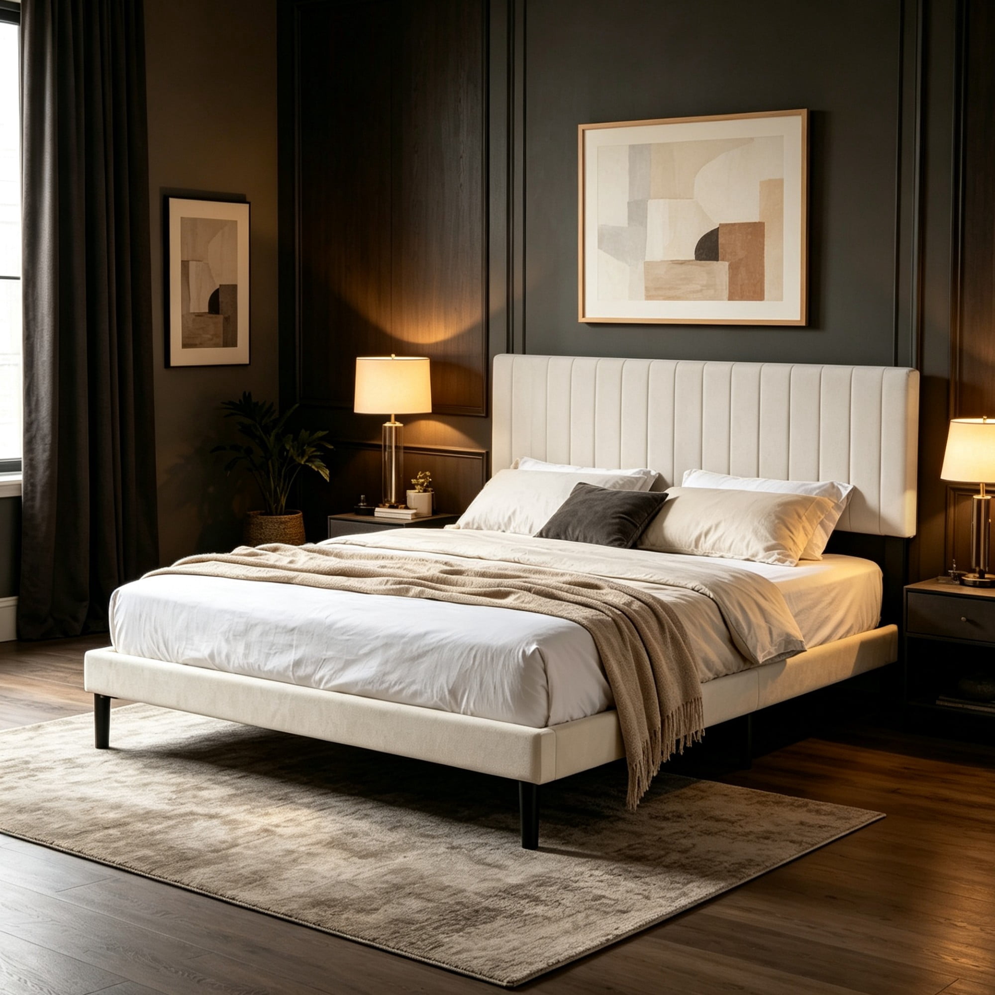 BSHTI King Size Velvet Platform Bed Frame with Adjustable Upholstered Headboard, Wood Slats, No Box Spring Needed for Bedroom（Beige）