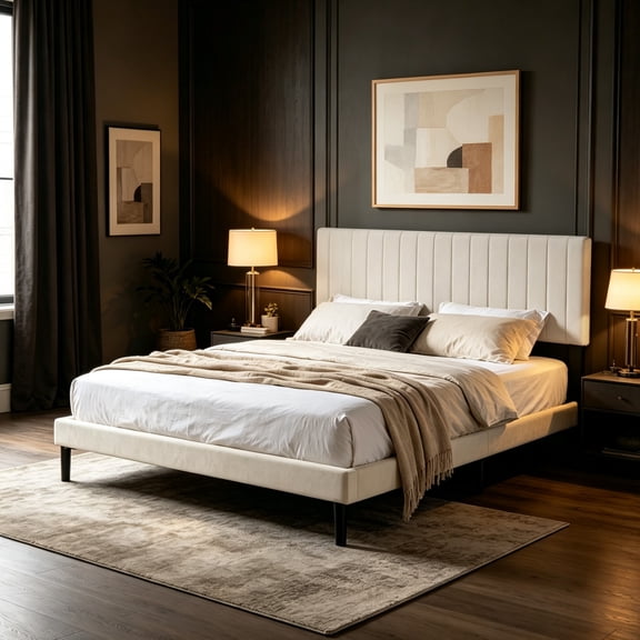 BSHTI King Size Velvet Platform Bed Frame with Adjustable Upholstered Headboard, Wood Slats, No Box Spring Needed for Bedroom(Beige)