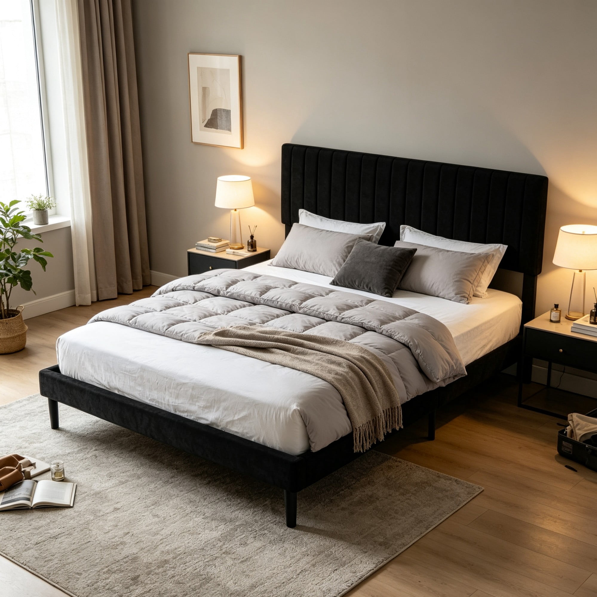 BSHTI King Size Velvet Platform Bed Frame with Adjustable Upholstered Headboard, Wood Slats, No Box Spring Needed for Bedroom（Black）
