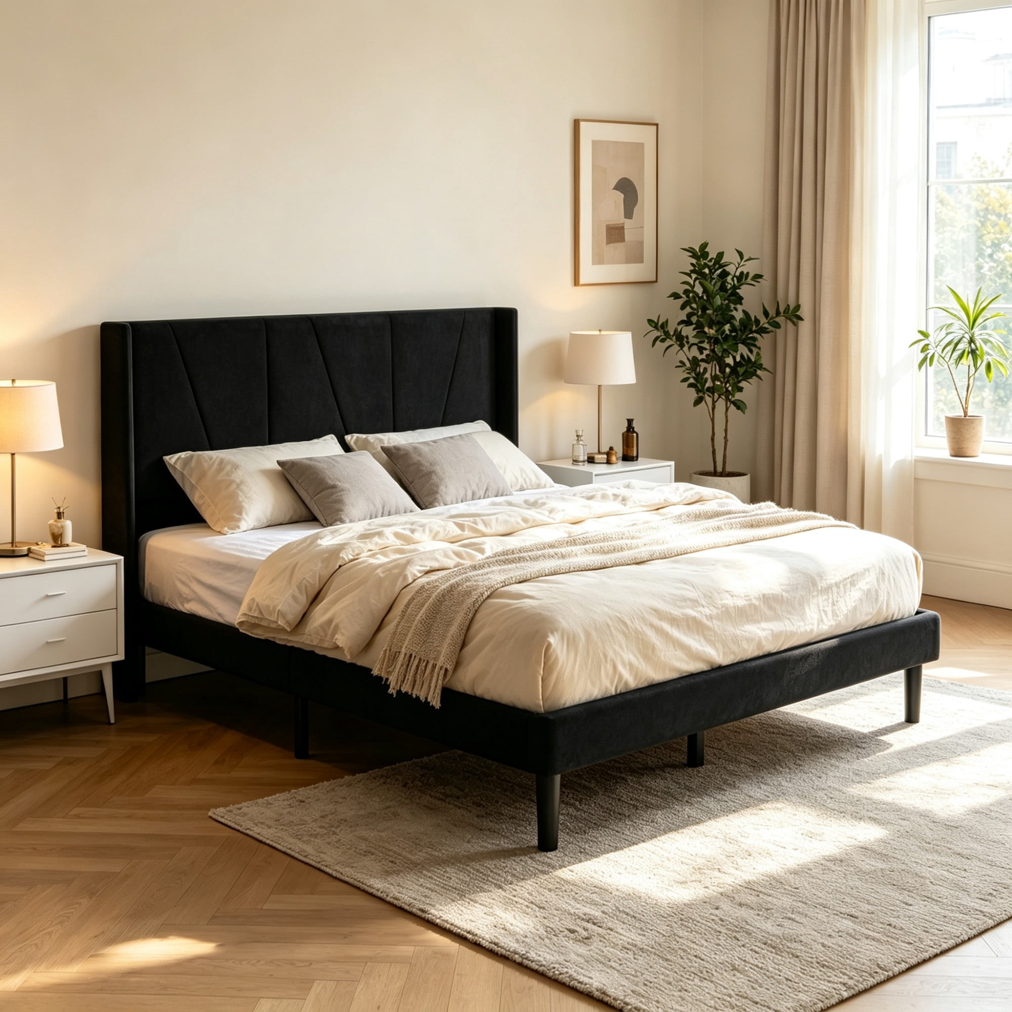 BSHTI King Size Velvet Platform Bed Frame with Adjustable Upholstered Headboard, Wood Slats, No Box Spring Needed for Bedroom（Black）