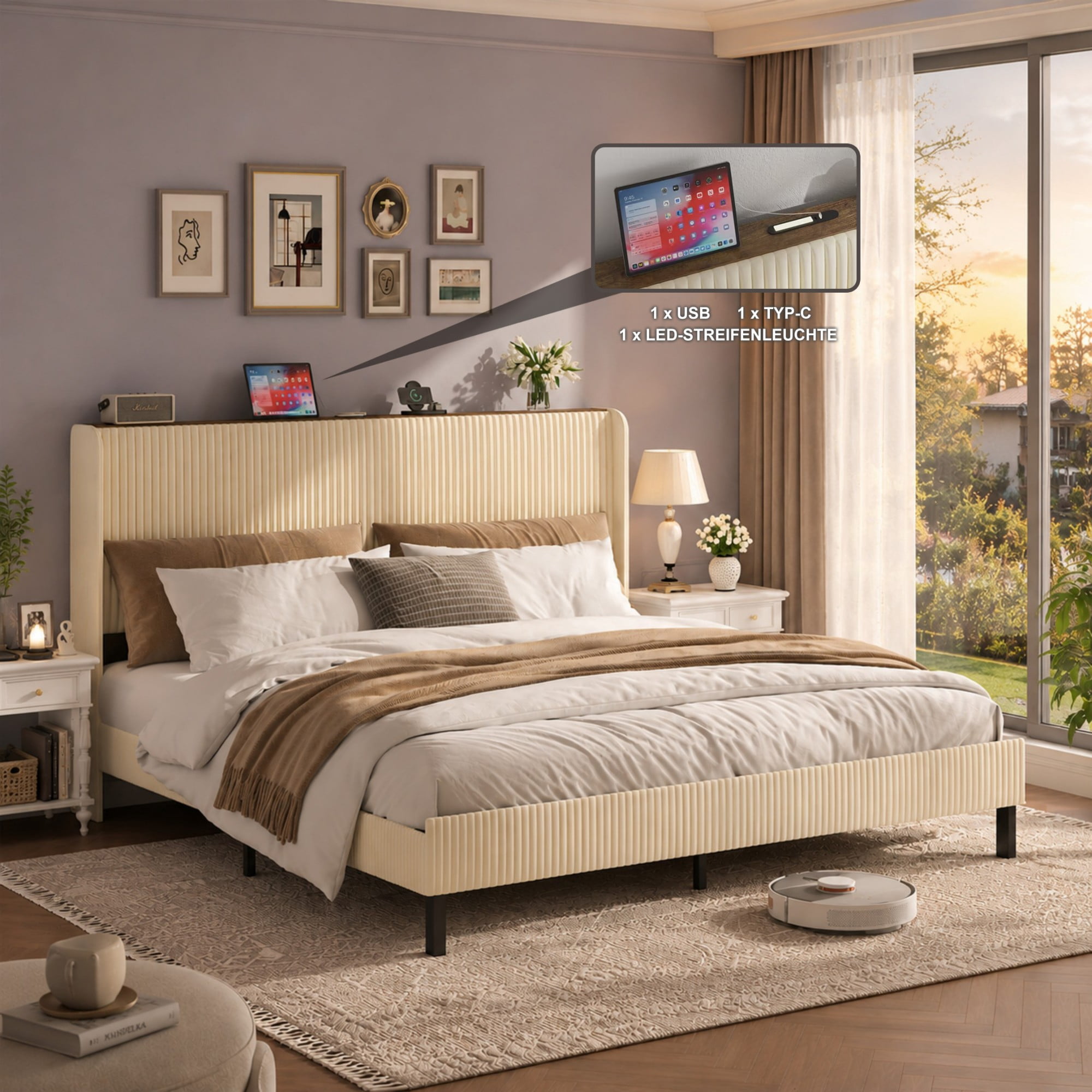 BSHTI King Size Velvet Upholstered Platform Bed Frame with USB Ports, Beige Wood & Metal Bed Frame with Storage Shelf Headboard, Modern Accent Bedroom Furniture for Bedroom, No Box Spring Needed