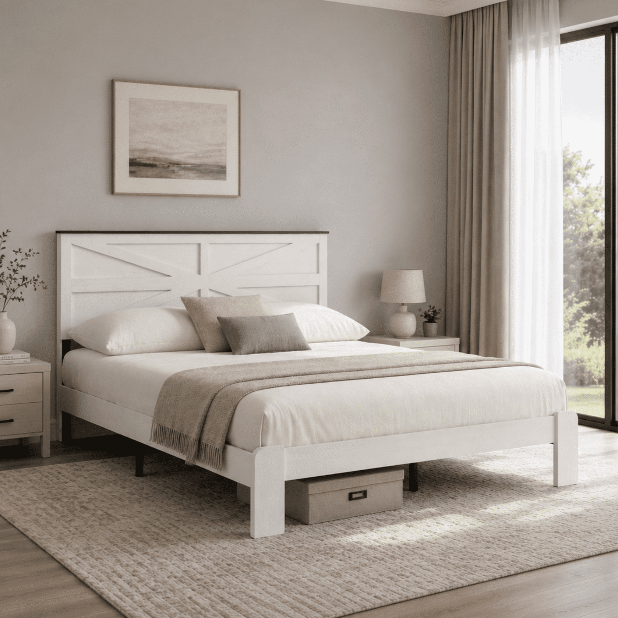 BSHTI King Size White Wood Platform Bed Frame with Headboard, Metal & Wood Bed Frame for Bedroom, No Box Spring Needed, Under Bed Storage