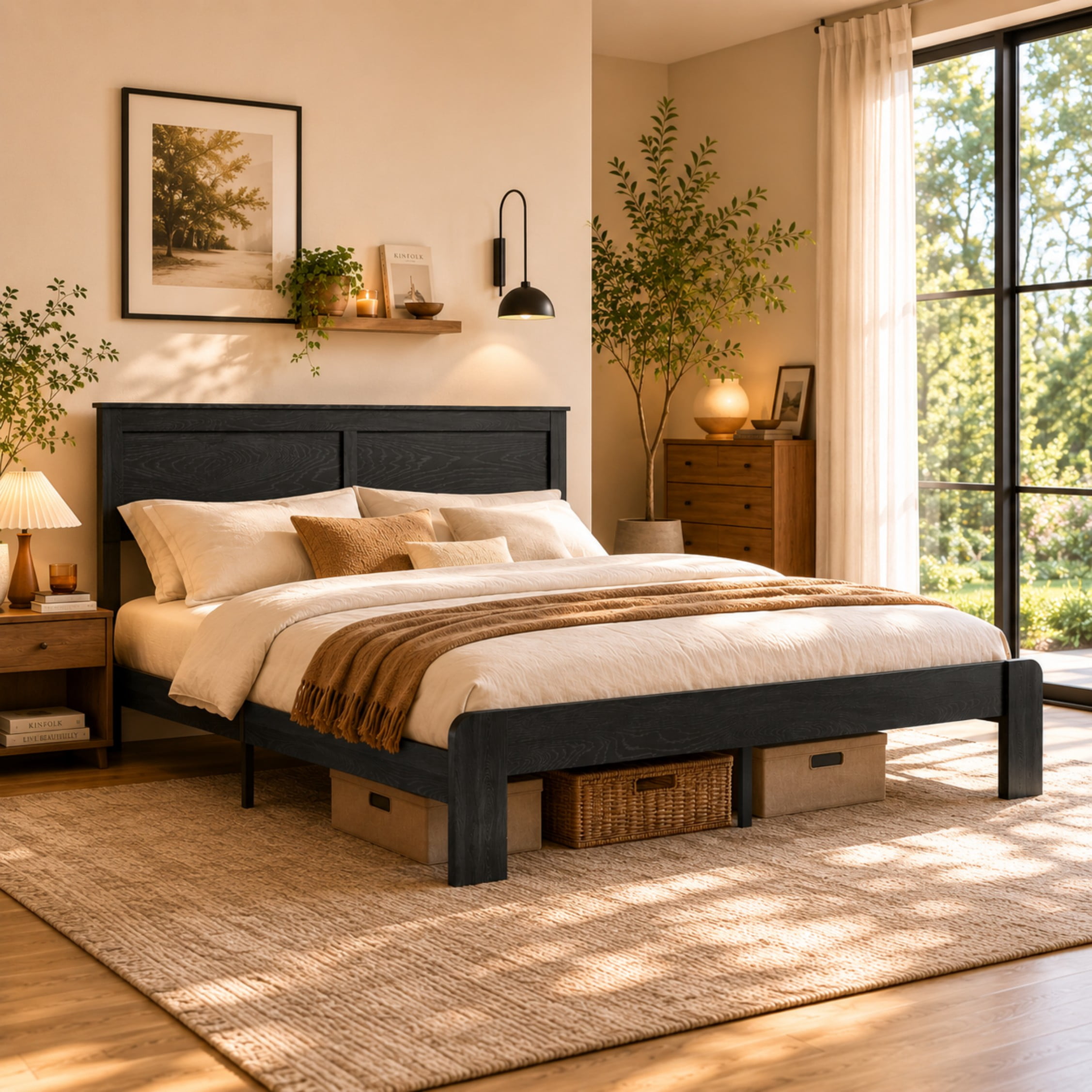 BSHTI King Metal Wood Platform Bed Frame with Headboard, No Box Spring Needed, Noise-Free Slat Support for Bedroom(Antique Black)