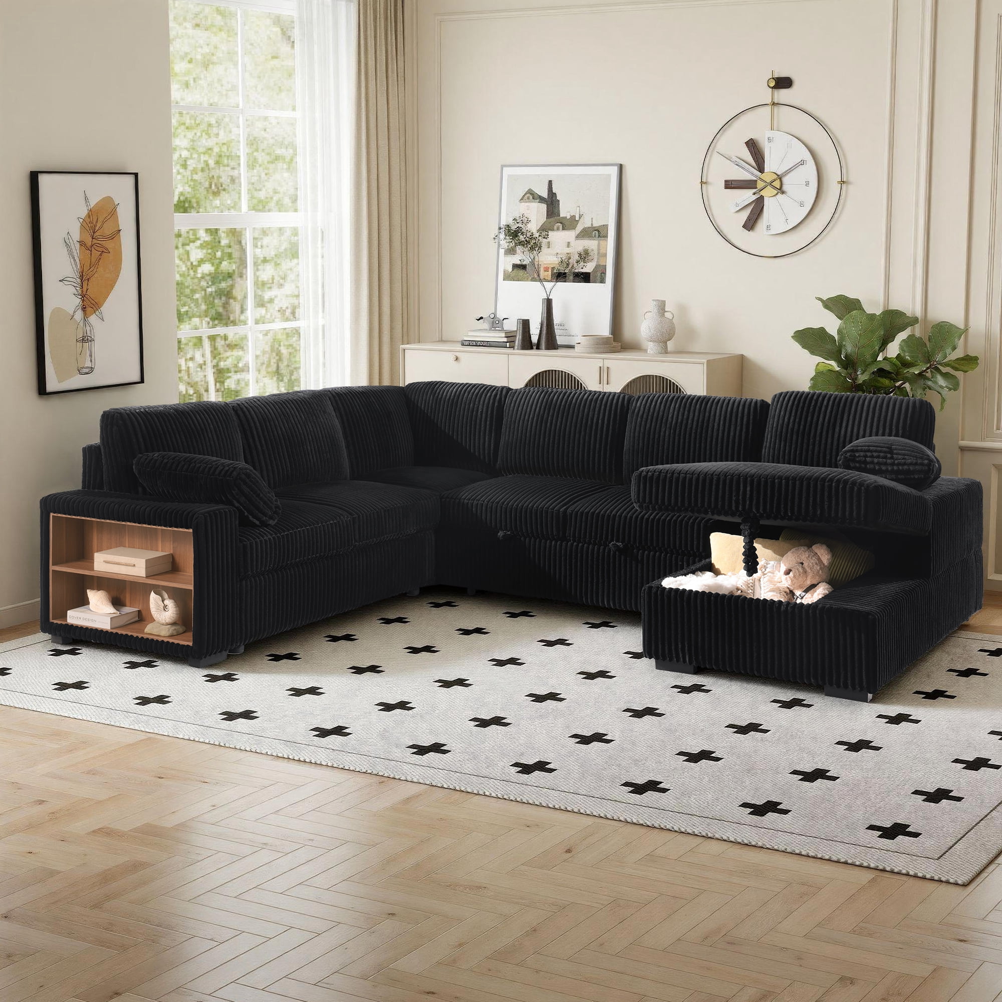 BSHTI L-Shaped Convertible Sleeper Sofa Bed with Storage Chaise, Pull ...