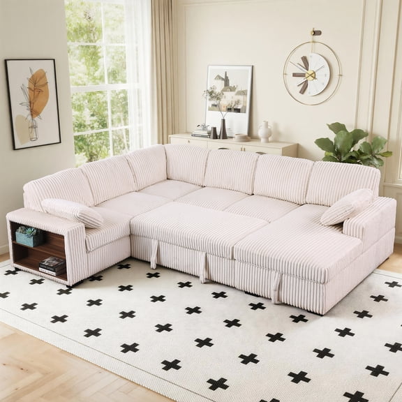 BSHTI L-Shaped Convertible Sleeper Sofa Bed with Storage Chaise, Pull Out Sectional Sofa Couch with Cup Holders & Side Pockets, Corduroy Fabric for Living Room