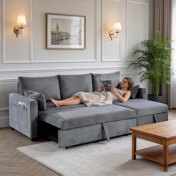 BSHTI L-Shaped Pull-Out Sleeper Sofa Bed with Storage Chaise – 3-Seater Convertible Corduroy Sectional Couch, Solid Wood & Iron Frame, for Apartments, Small Living Rooms, and Offices, Dark Gray