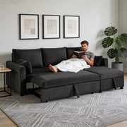 BSHTI 3-Seat Corduroy L-Shaped Pull-Out Sleeper Sofa Bed with Storage Chaise, Solid Wood Iron Frame for Living Room ApartmentBlack