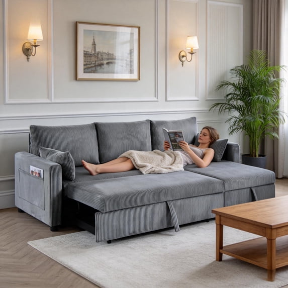 BSHTI L-Shaped Pull-Out Sleeper Sofa Bed with Storage Chaise, 3-Seater Convertible Corduroy Sectional Couch, Solid Wood & Iron Frame, Dark Gray