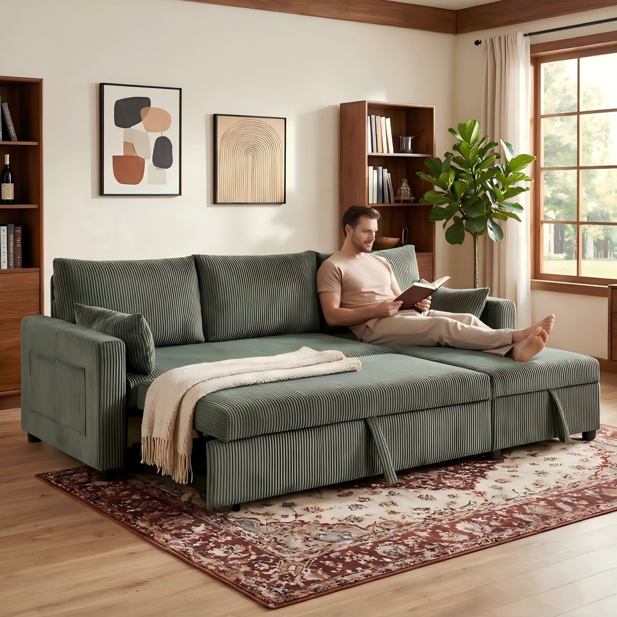 BSHTI L-Shaped Pull Out Sleeper Sofa Bed with Storage Chaise – 3-Seater Convertible Corduroy Sectional Couch for Small Living Room, Apartment, or Office, Black
