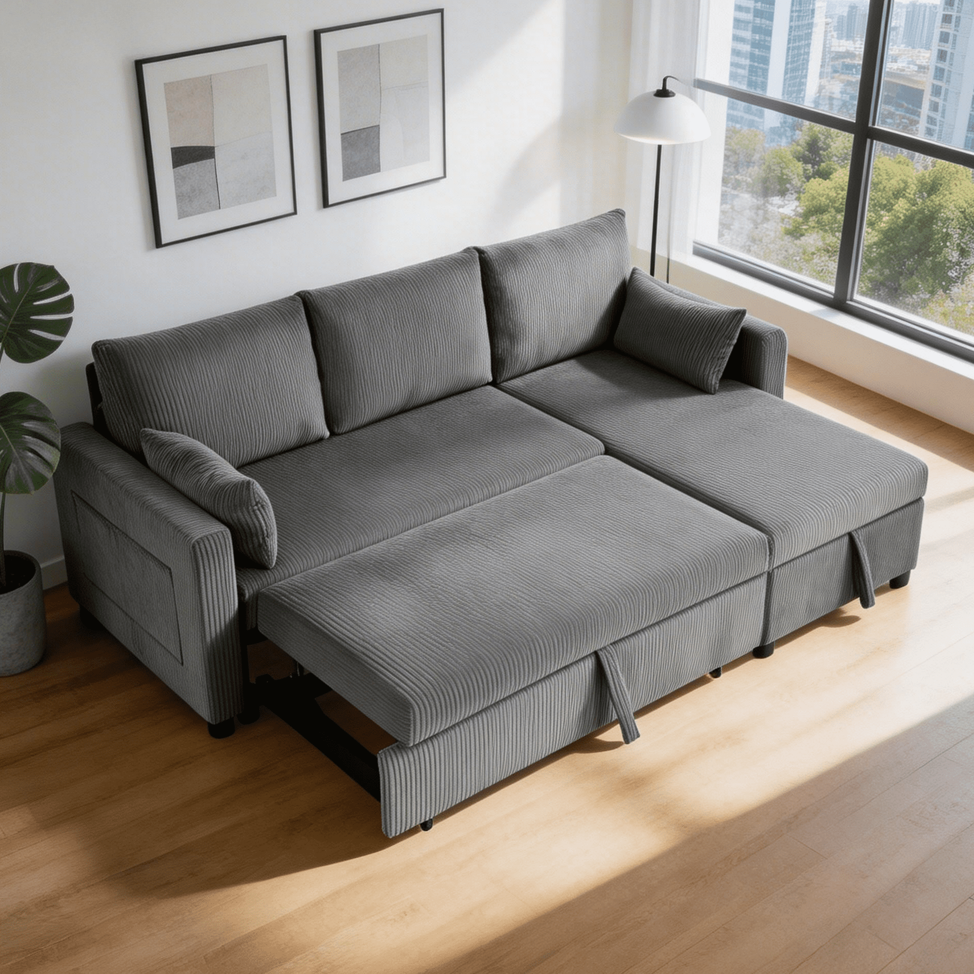 BSHTI L-Shaped Pull Out Sleeper Sofa Bed with Storage Chaise – 3-Seater Convertible Corduroy Sectional Couch for Small Living Room, Apartment, or Office, Dark Gray