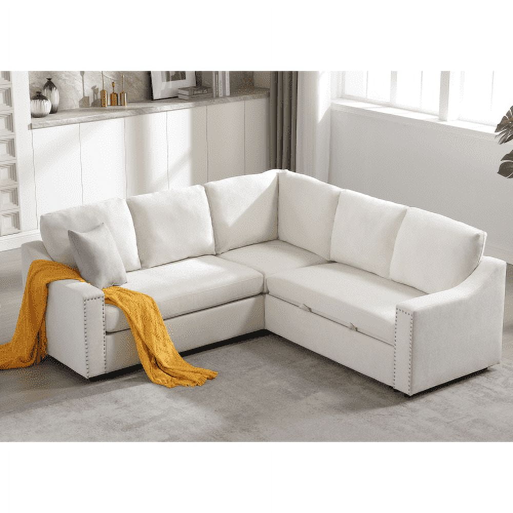 BSHTI L-Shaped Sofa with Pull-Out Sofa Bed,Corner Sofa,Living Room Furniture Set,Sleeper Sofa Bed,Corner Seat for Two with Broaching Sofa,Rivet DeChenille,Beige