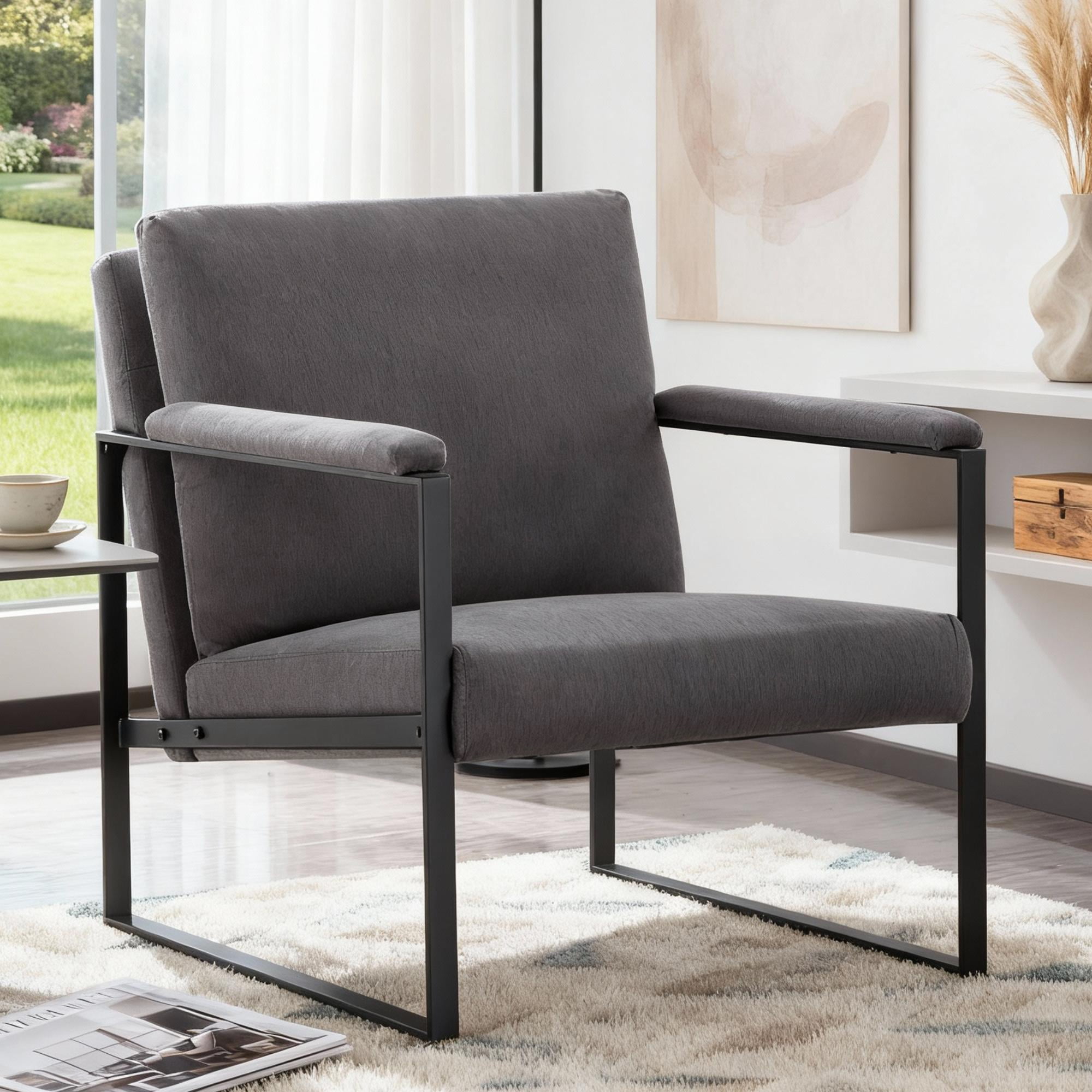 BSHTI Linen Blend Upholstery Accent Armchair,Metal Frame,Square Arms with Padding,Removable Back Cushion,Easy to Assemble,Dark Gray