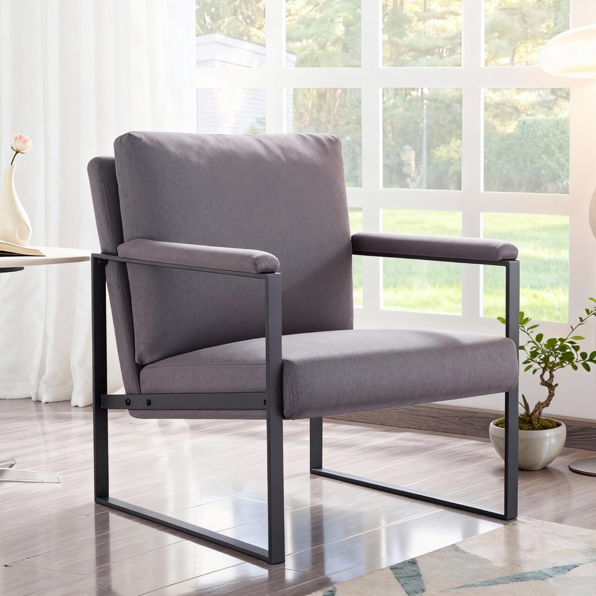 BSHTI Linen Blend Upholstery Accent Armchair,Metal Frame,Square Arms with Padding,Removable Back Cushion,Easy to Assemble,Dark Gray