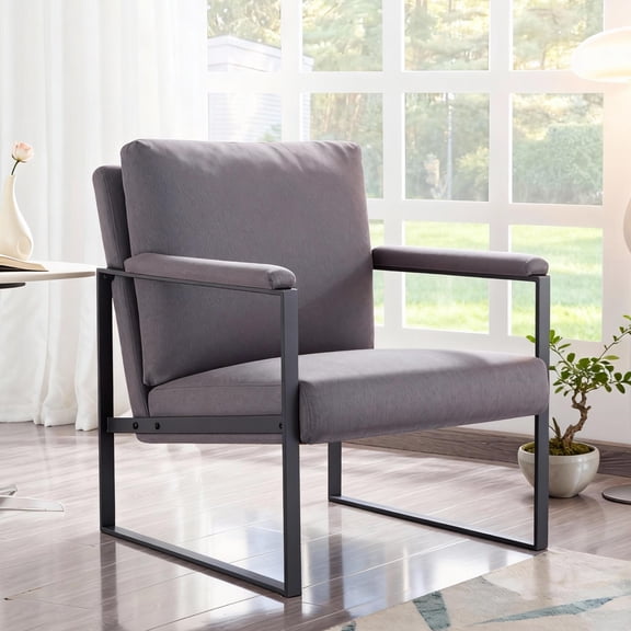 BSHTI Linen Blend Upholstery Accent Armchair,Metal Frame,Square Arms with Padding,Removable Back Cushion,Easy to Assemble,Dark Gray