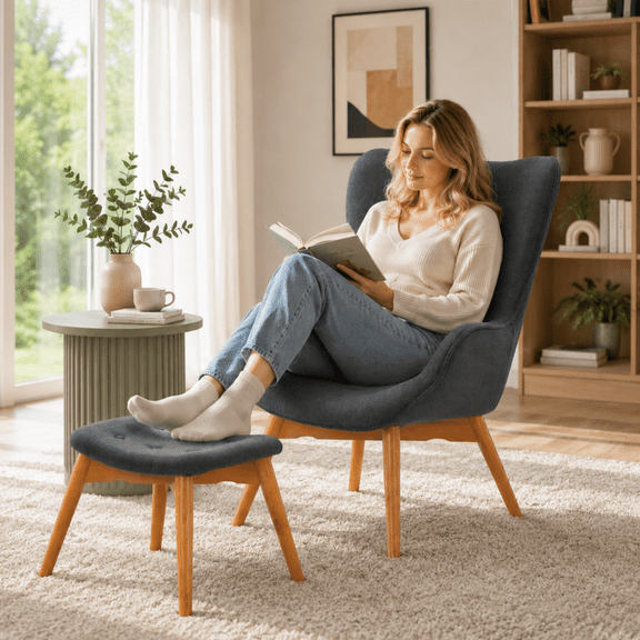 BSHTI Linen Button-Tufted Wingback Armchair with Ottoman, Modern Mid Century Accent Chair, Grey Linen Reading Lounge Chair for Bedroom Living Room Home Office