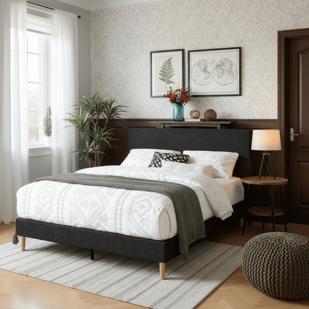 BSHTI Livingroom Design Modern King Size Platform Bed Frame with Upholstered Headboard and wood slats support for Livingroom,No Box Spring Needed