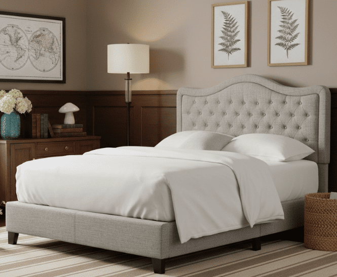 BSHTI Livingroom Modern King Size Platform Bed Frame with Upholstered Headboard and wood slats support for Livingroom, Box Spring Required