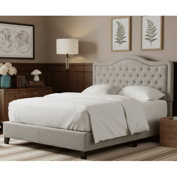 BSHTI Livingroom Modern Queen Size Platform Bed Frame with Upholstered Headboard and wood slats support for Livingroom, Box Spring Required