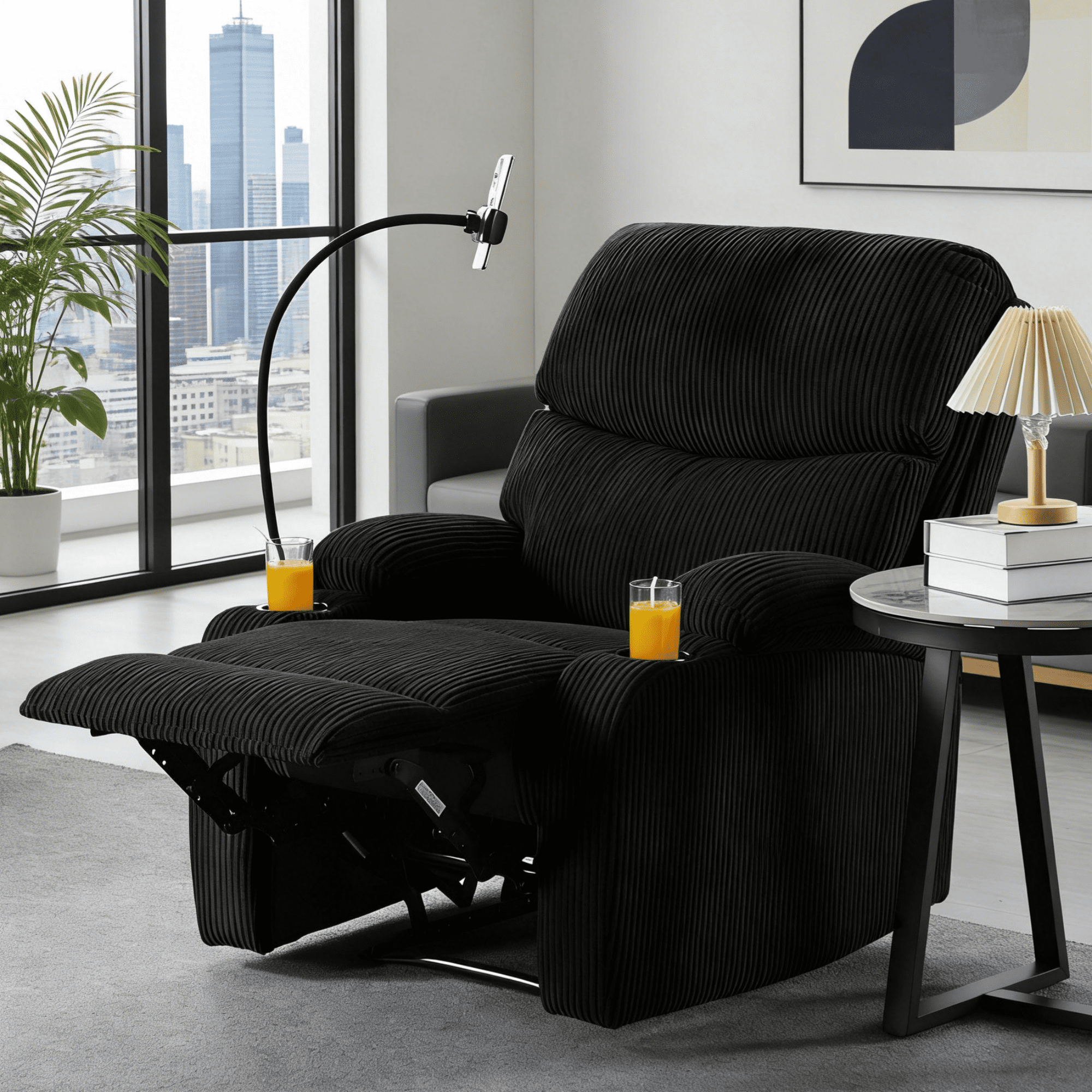 BSHTI Manual Recliner Chair with Phone Holder & Cup Holders, Corduroy Upholstery, Ergonomic Backrest, Solid Wood Frame for Living Room & Bedroom(Black)