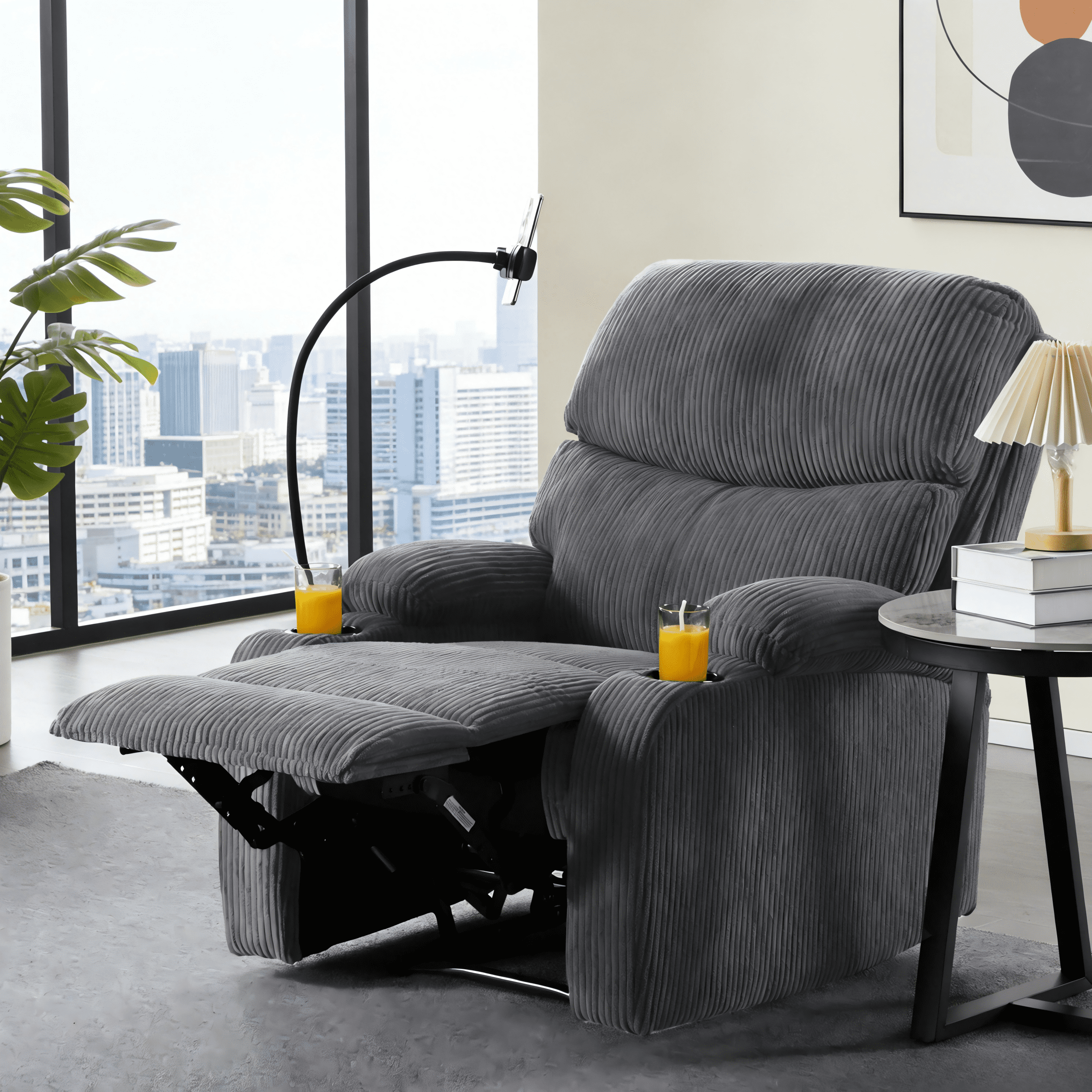 BSHTI Manual Recliner Chair with Phone Holder & Cup Holders, Corduroy Upholstery, Ergonomic Backrest, Solid Wood Frame for Living Room & Bedroom(Light Gray)