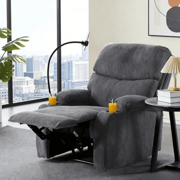 BSHTI Manual Recliner Chair with Phone Holder & Cup Holders, Corduroy Upholstery, Ergonomic Backrest, Solid Wood Frame for Living Room & Bedroom(Light Gray)