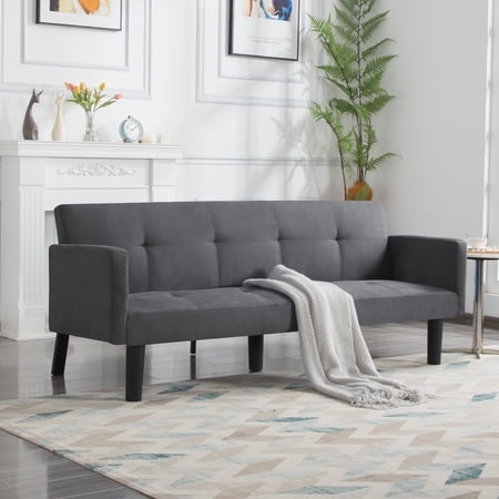 BSHTI 73.6 inch Futon Convertible Sofa Bed,with 3-Position Adjustable Backrest,Faux Suede Upholstery,Quick & Easy Assembly,Twin-Size Sleeper Sofa,Dark Gray
