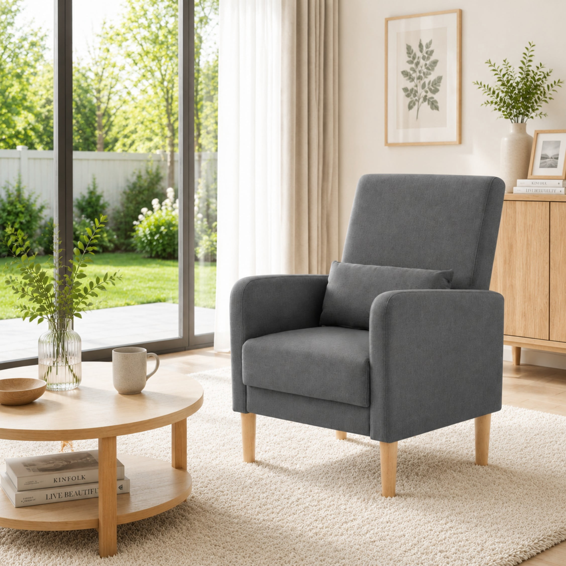 BSHTI Mid-Century Wood Accent Chair with Backrest and Armrest, Modern Upholstered Chair in Linen Fabric, Upholstered Dining Chair with Solid Wood Legs for Reading Nook, Apartment