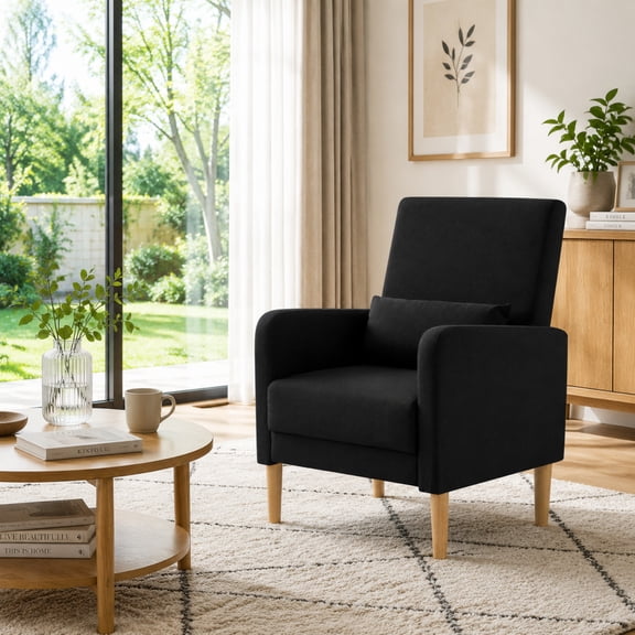 BSHTI Mid-Century Wood Accent Chair with Backrest and Armrest, Modern Upholstered Chair in Linen Fabric, Upholstered Dining Chair with Solid Wood Legs for Reading Nook, Apartment
