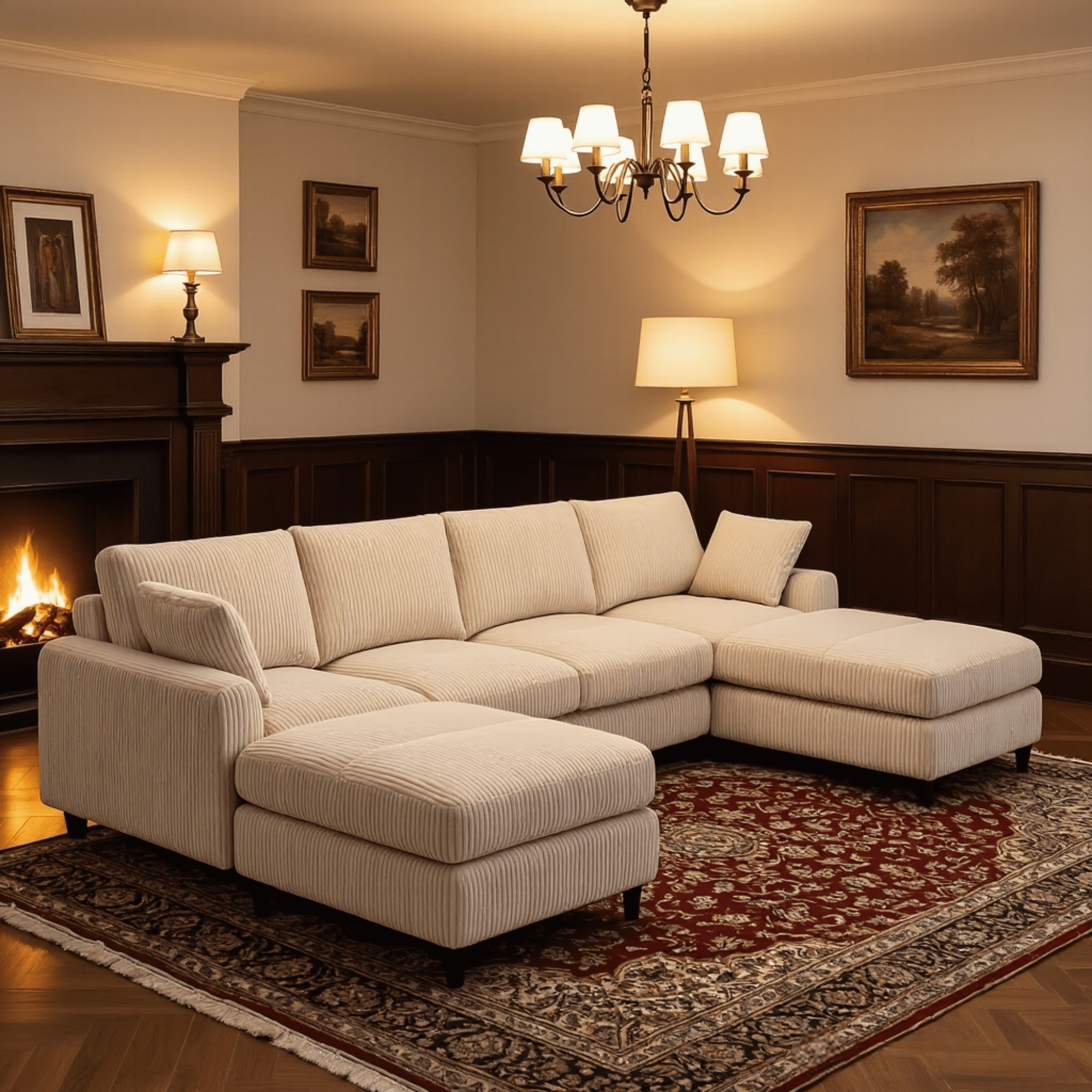 BSHTI Modern 6-Seat Corduroy Modular Sectional, U-Shape Convertible Couch with Ottoman, with Adjustable Head Pillows and Storage Pockets, Beige