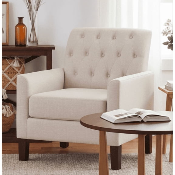 BSHTI Modern Accent Chair with Vintage Rivets Finish, Footrest Chair Set with Solid Wood Legs and Ergonomic Backrest, Button Tufted Upholstered Armchair for Livingroom