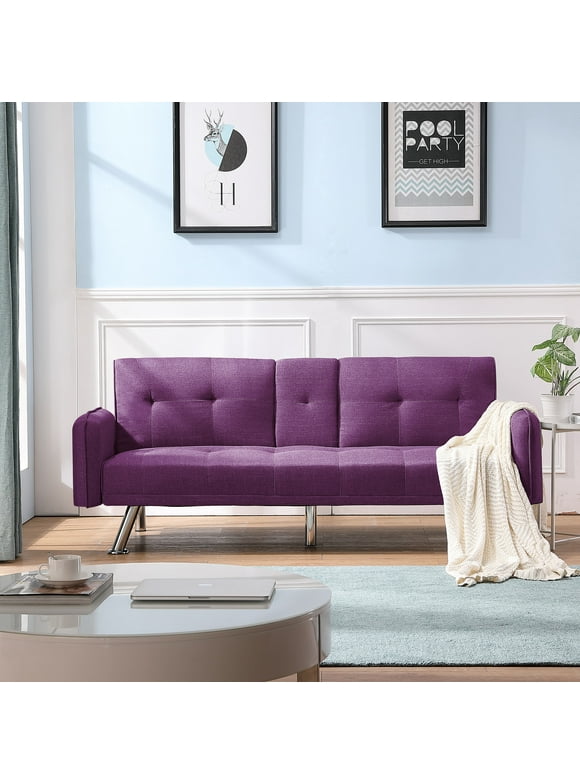 BSHTI Modern Adult Sofa Bed，Modern Convertible Futon Couch with Sturdy Wooden Frame for Livingroom(Purple)